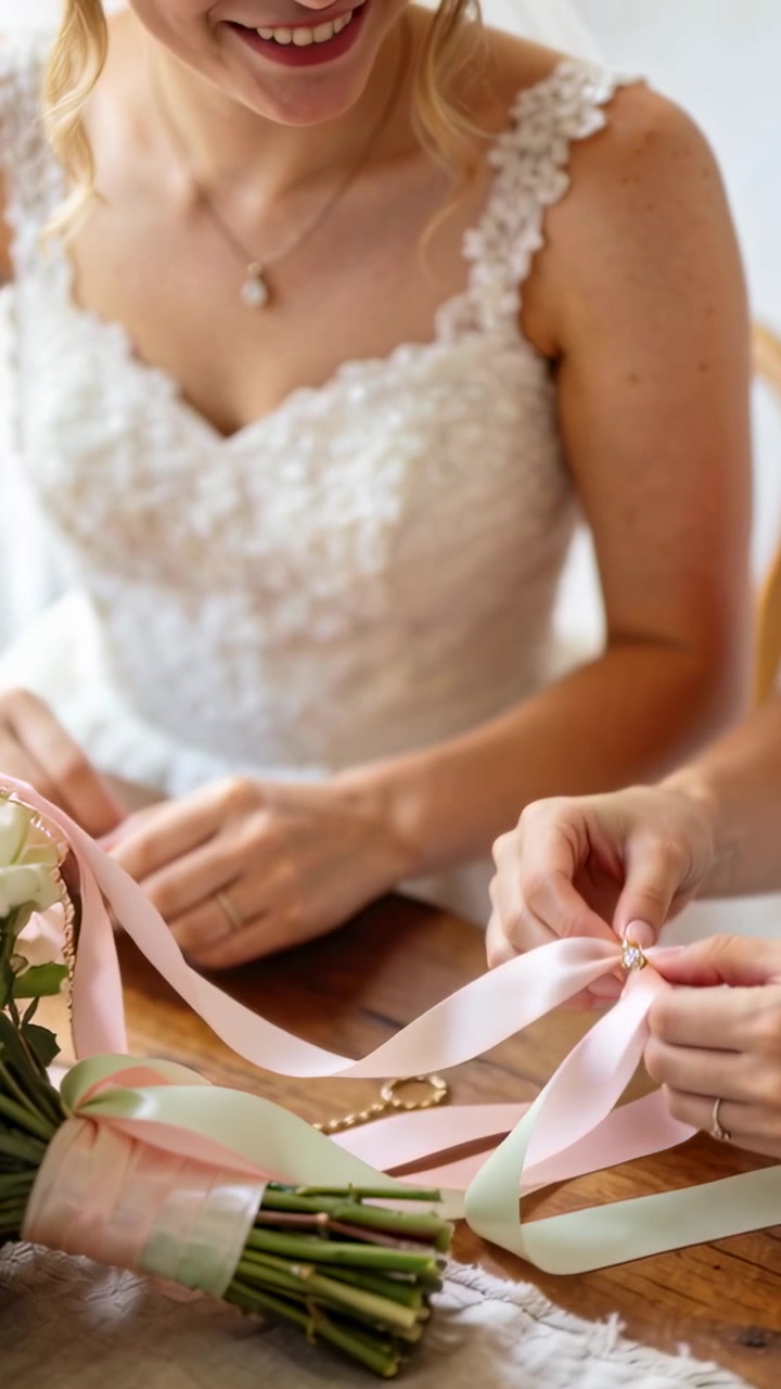 Vertical video: Tying bouquet ribbons, bride in lace dress preparing at wood table for wedding