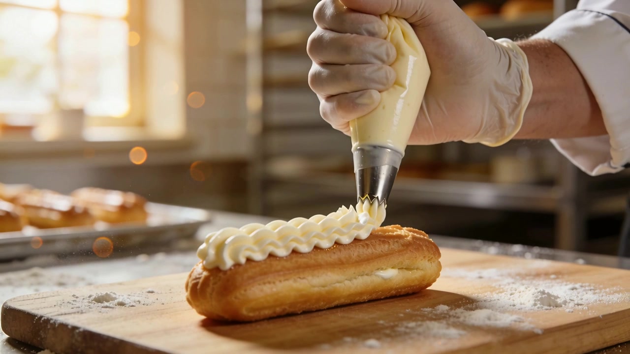 Pasticcere in divisa, con mano guantata che preme una sac à poche con punta a stella su un tagliere in pasticceria, decorando un éclair.