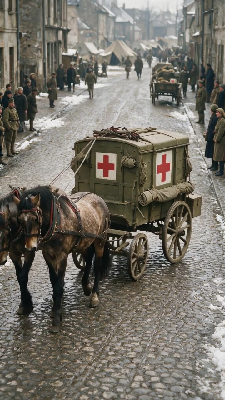 Cavalli da tiro imbrigliati tirano un carro medico verde oliva lungo una strada acciottolata bagnata in un villaggio innevato, con pedoni, soldati in uniforme, tende, vecchi edifici e una fredda luce nuvolosa che incornicia