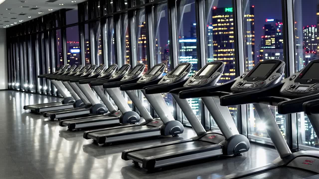 Empty treadmills lined up in a bright, modern gym, featuring large windows that showcase a stunning panoramic view of a vibrant cityscape illuminated at night