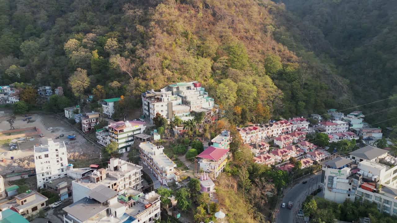 beautiful buildings on mountains in Rishikesh drone view in india