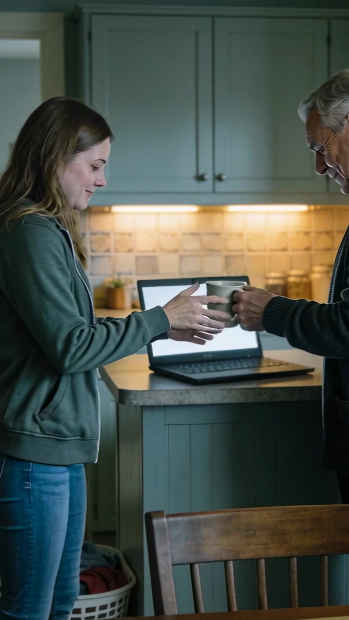 Vertical video: Entering woman in hoodie walking to man handing mug at kitchen counter, laptop on