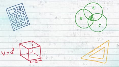 Animación-De-Iconos-Conceptuales-De-Geometría-Y-Ecuaciones-Matemáticas-Sobre-Fondo-De-Papel-Rayado-Blanco