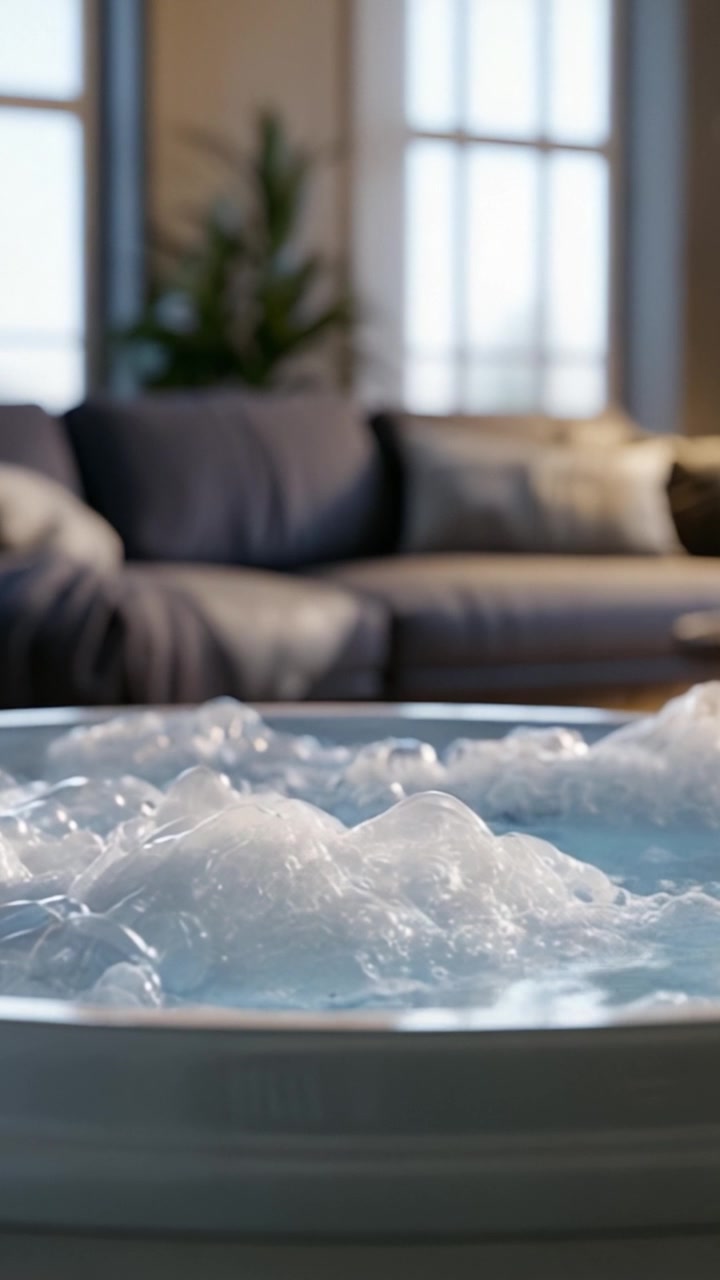 Esperienza spa rilassante: acqua gorgogliante in una vasca moderna, ambientata in un accogliente soggiorno con mobili morbidi e luce naturale