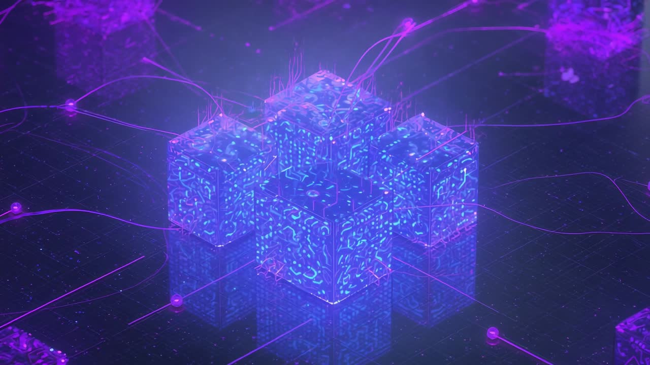 Pulsing circuitry cube group receiving node pulses on glossy plane syncing lights via magenta wires