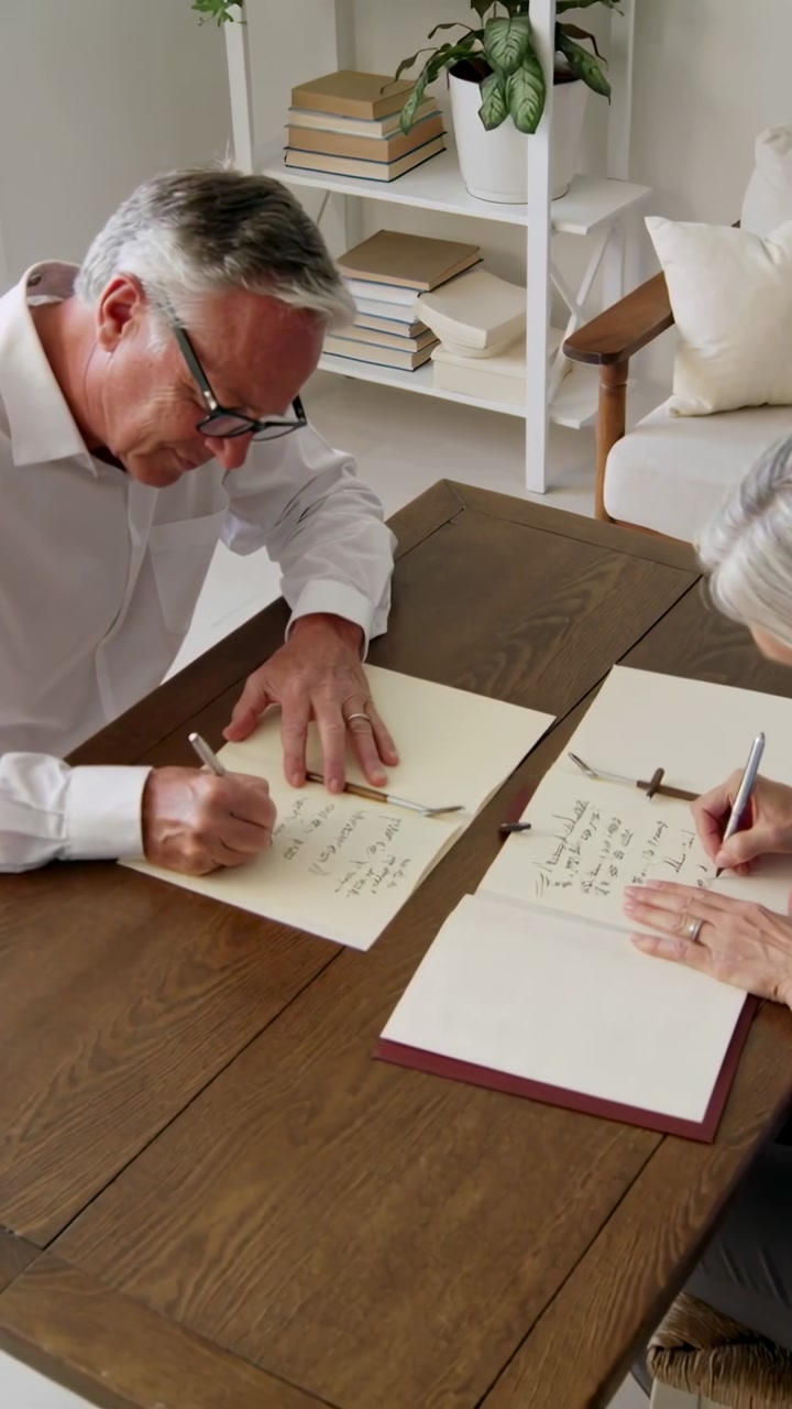 Vertical video: Writing couple at home table signing books with pens, in white shirt, dark top