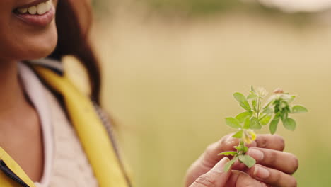 mujer disfrutando de una flor en un campo