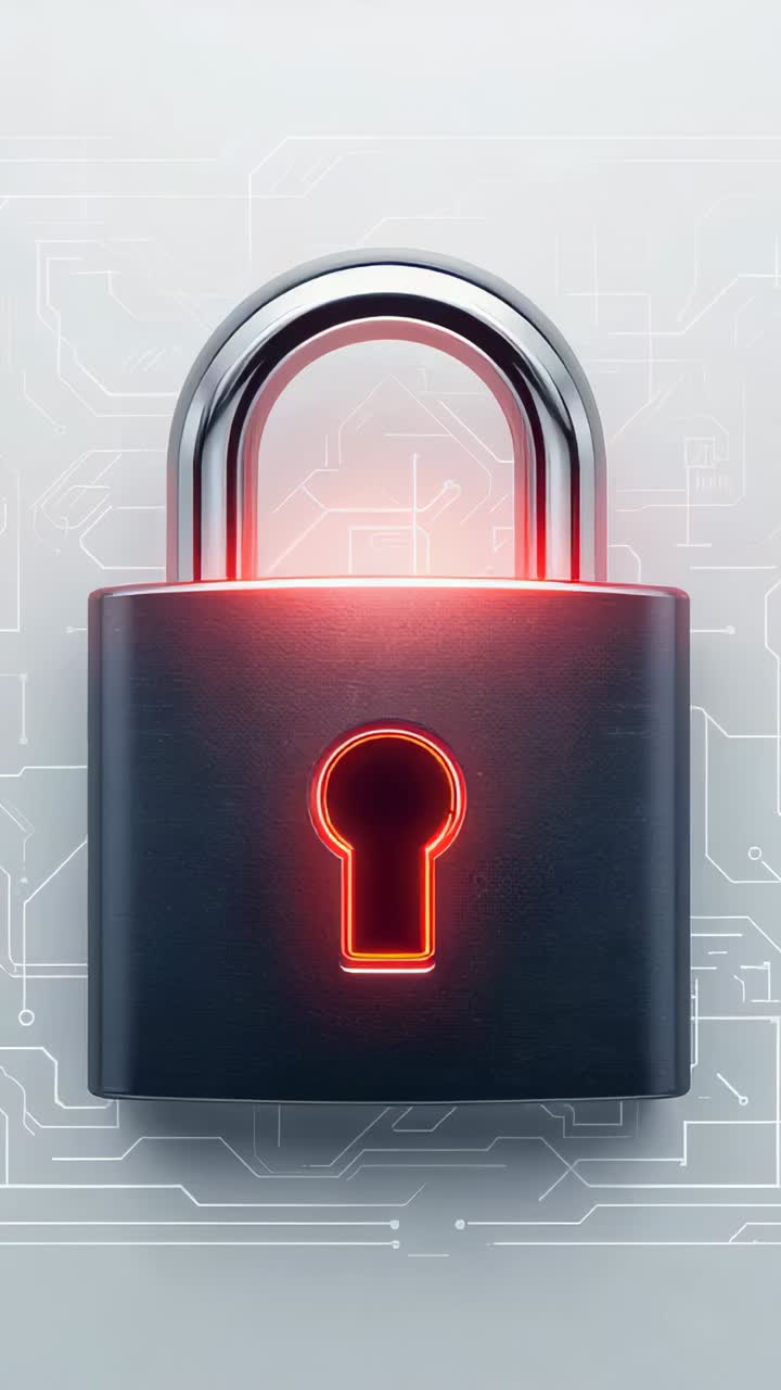 Video verticale: Zoom su lucchetto con fessura a chiave rossa pulsante tra circuiti, archetto cromato per sicurezza.