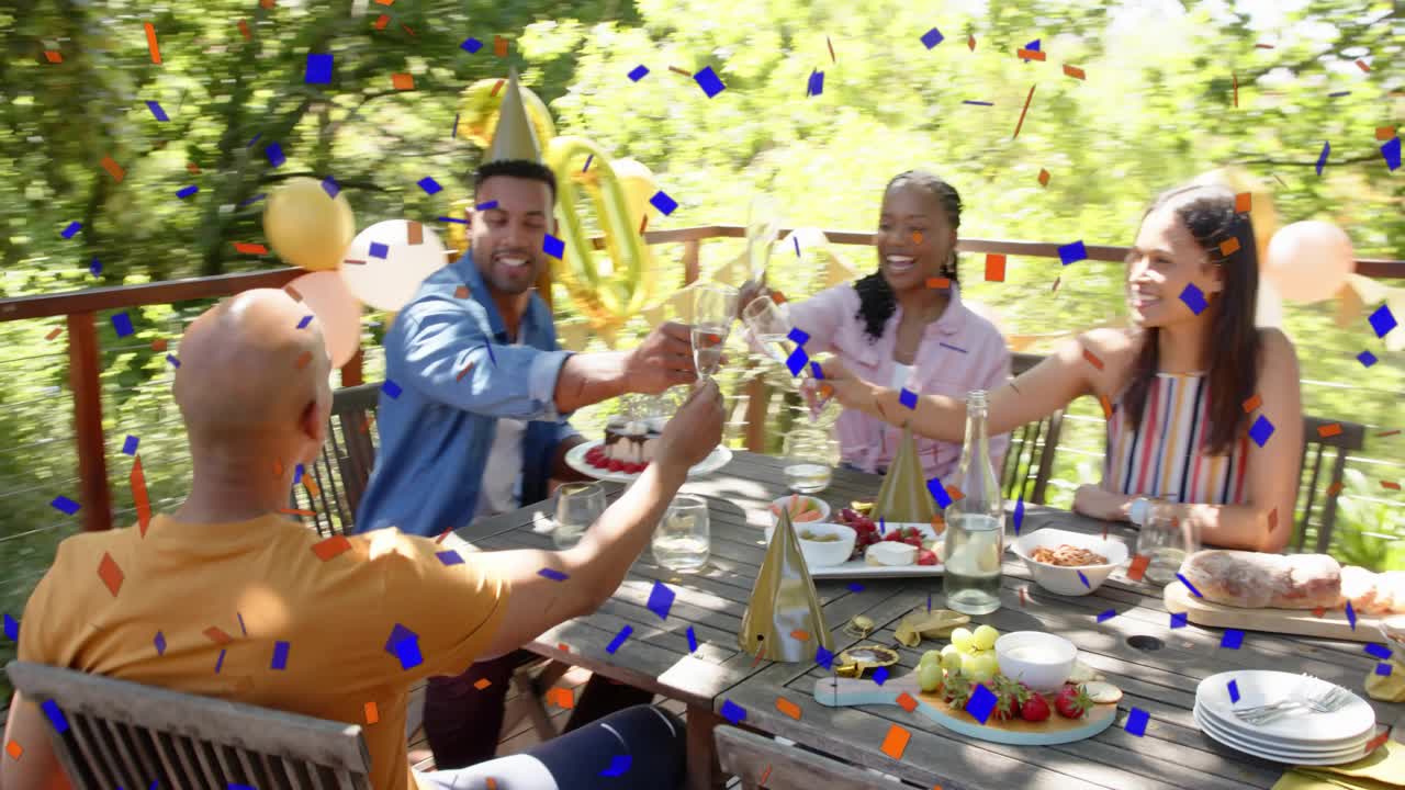 Friends marking 30th, man placing hat on honoree, toasting with cake and 30 balloon for marketing
