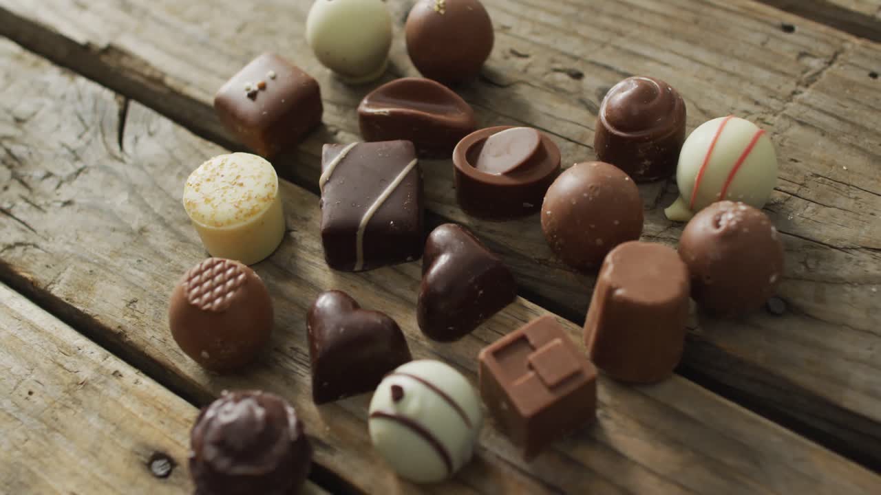 Heart shape black and white chocolates on wooden background at valentine's day