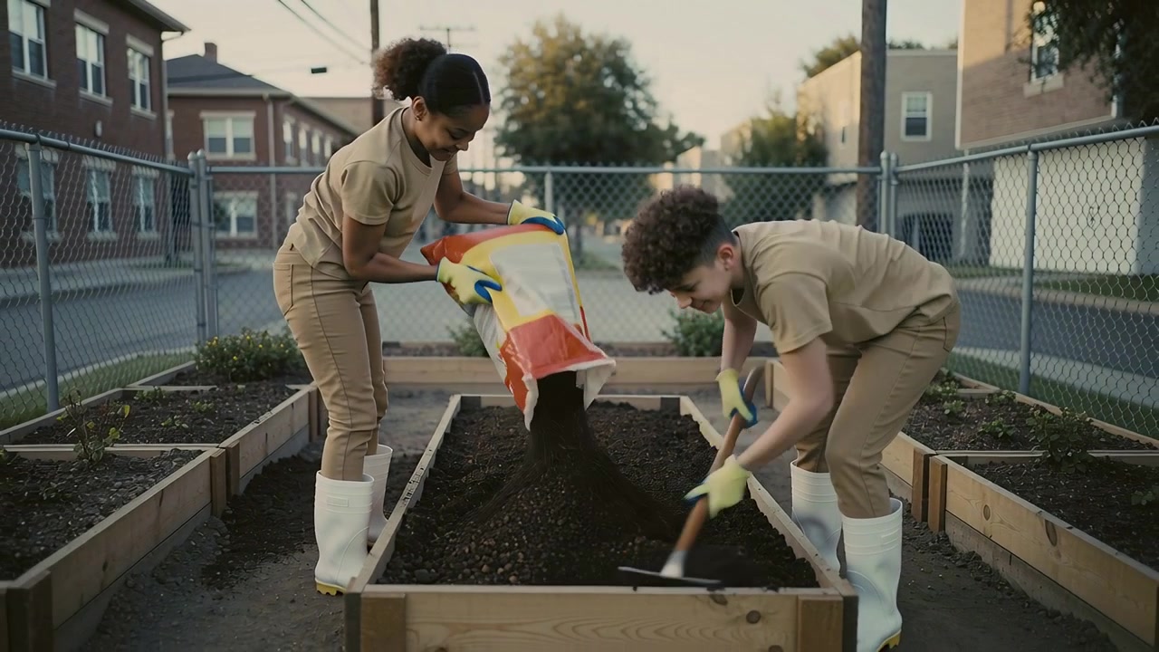 Tipping soil female and raking male in tan uniforms filling raised bed at garden for planting