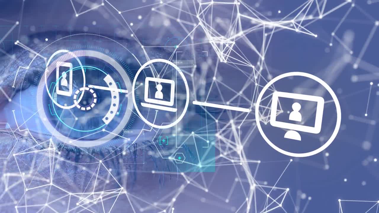 Animation of three digital icons over network of connection and woman's eye