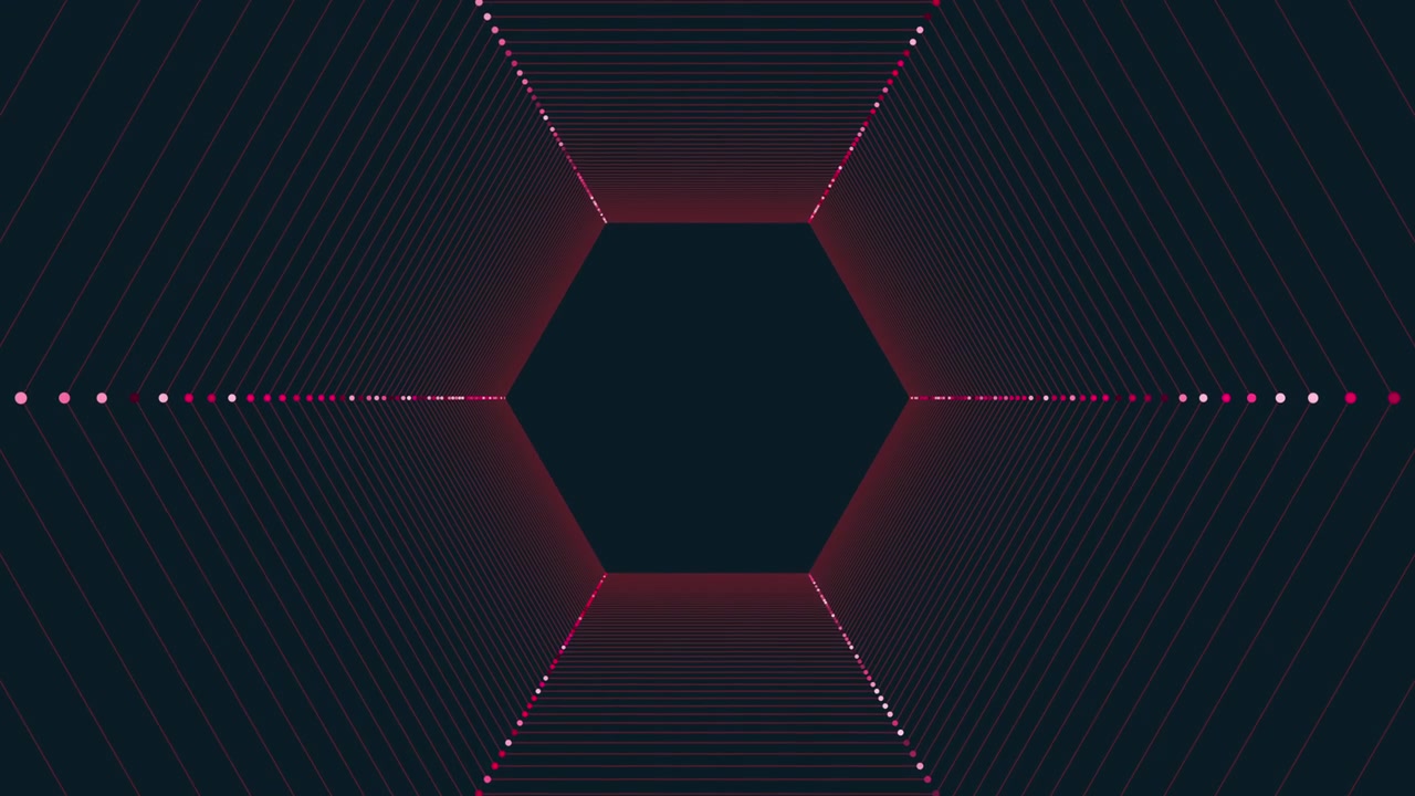 Spinning abstract rainbow hexagons in dark hole with neon dots on black gradient