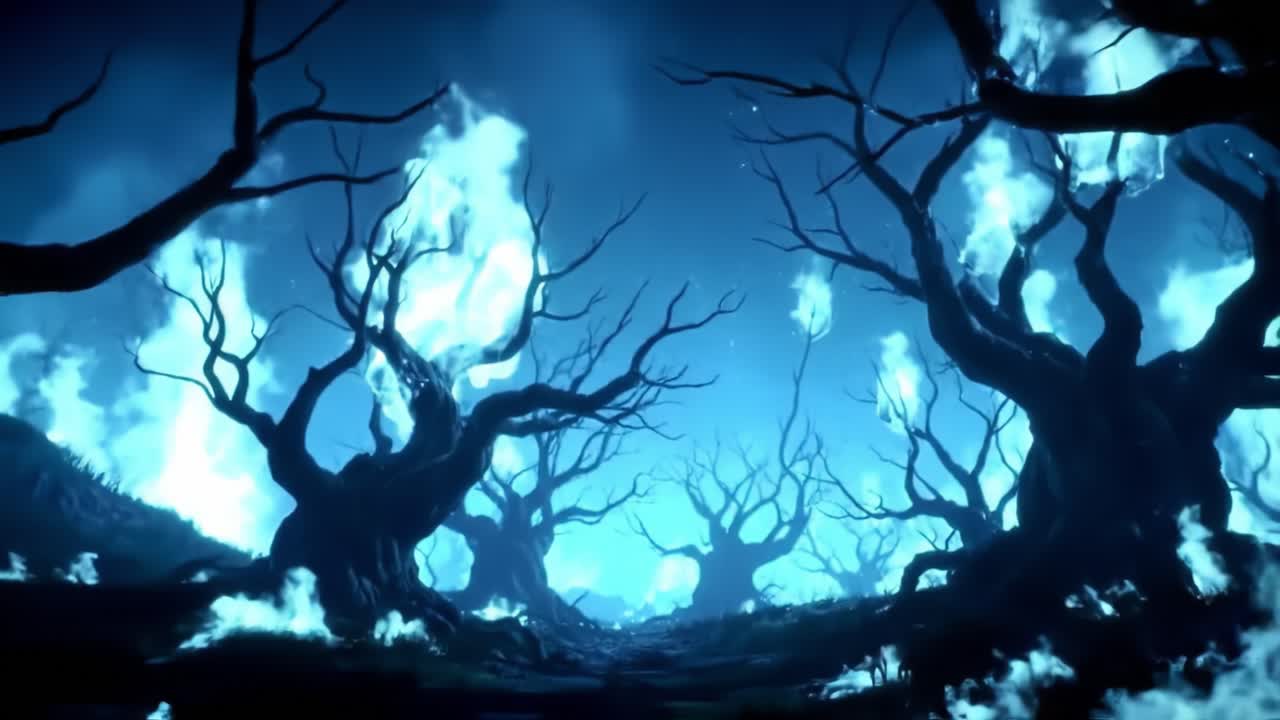 An Enigmatic Forest of Shadows and Light, Where Twisted Trees Reach Toward a Mysterious Blue Flame-Lit Sky in an Otherworldly Landscpe of Intrigue and Wonder