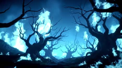 an enigmatic forest of shadows and light, where twisted trees reach toward a mysterious blue flame-lit sky in an otherworldly landscpe of intrigue and wonder