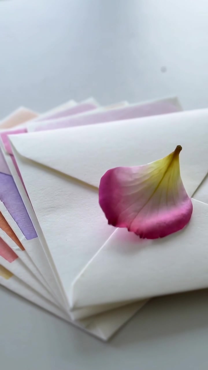 Video verticale: Un petalo rosa cade e si posa delicatamente su buste con fodere color pastello su un tavolo grigio.