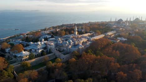 aerial view of topkapi palace and historical peninsula in istanbul. 4k footage in turkey