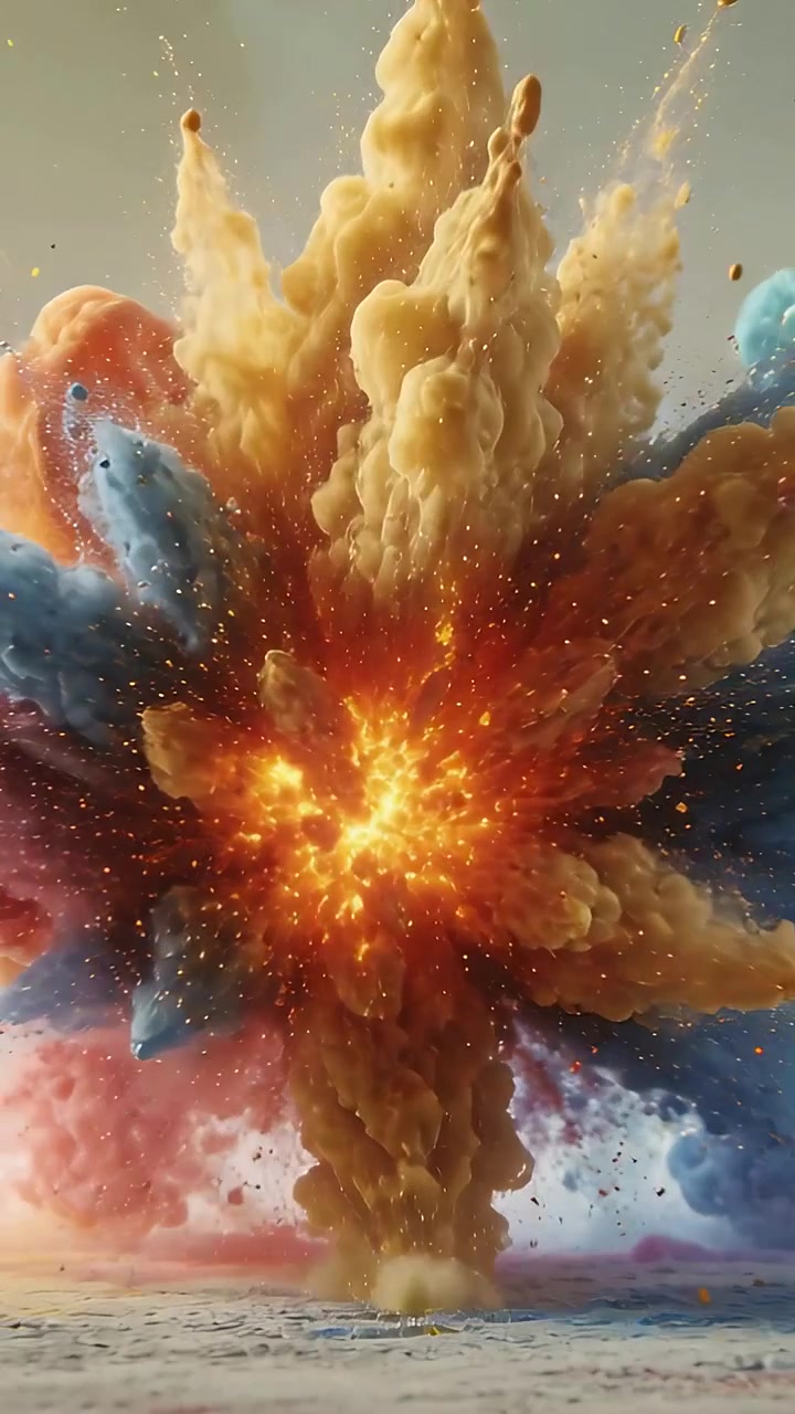 Vertical video: Meeting warm and cool plumes forming glowing core at studio ejecting sparks for art