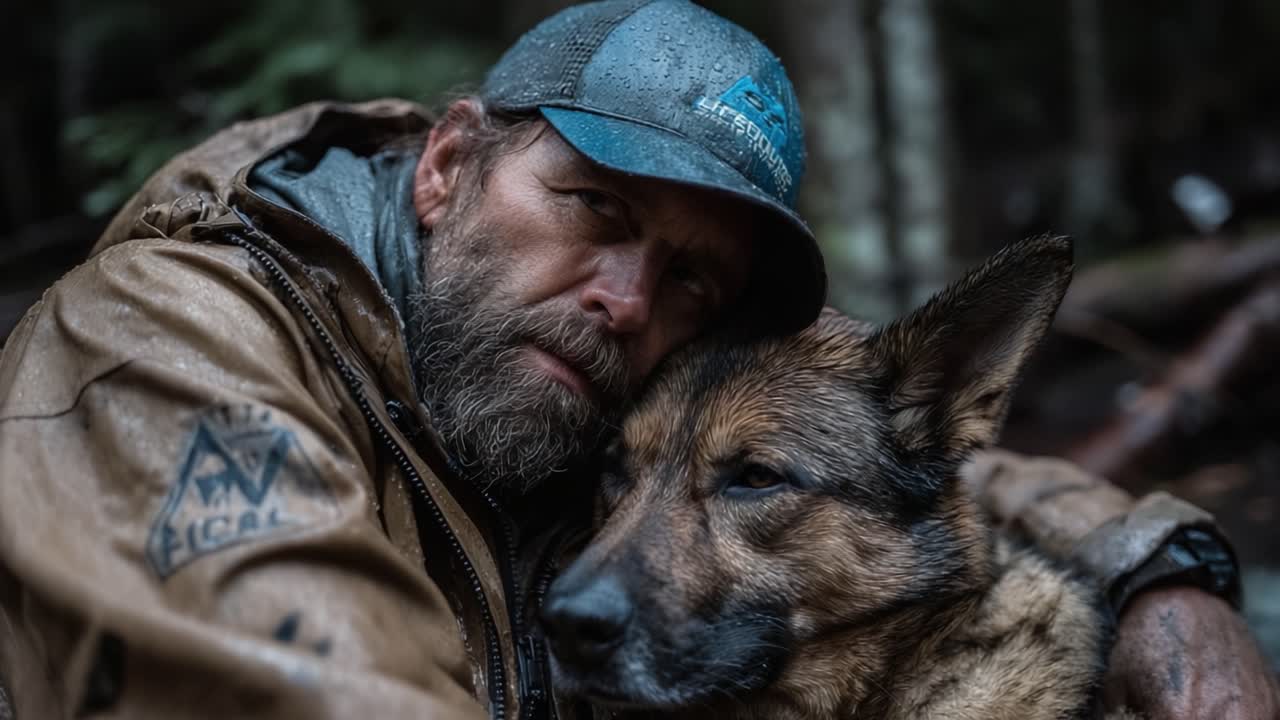 Un homme et son chien fidèle partagent un moment de réconfort au cœur d'une forêt pluvieuse, reflétant leur lien profond et leur confiance mutuelle inébranlable.