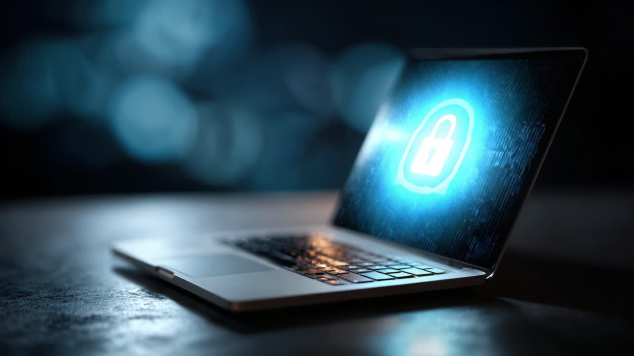 Digital Security and Privacy: A Close-Up on a Laptop Screen Displaying a Lock Icon Against a Blurred Background, Symbolizing Online Protection and Encryption