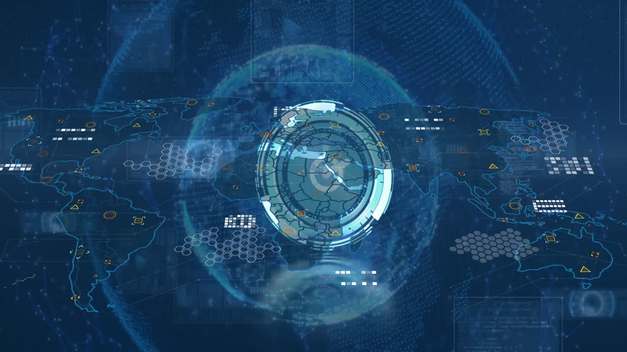 해군 배경 위의 지구, 세계 지도, 시계 및 아이콘의 애니메이션