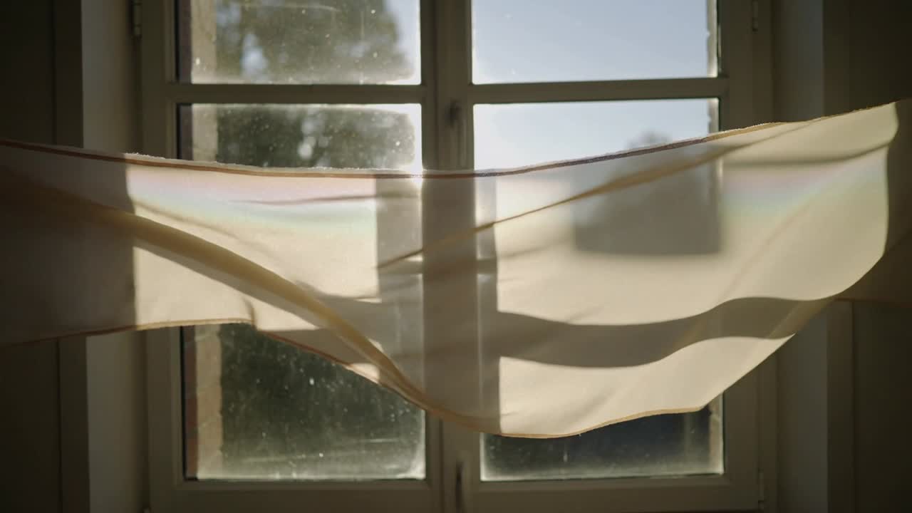 Billowing cloth being lifted by breeze across 4-pane window mullions at home, shifting light bands