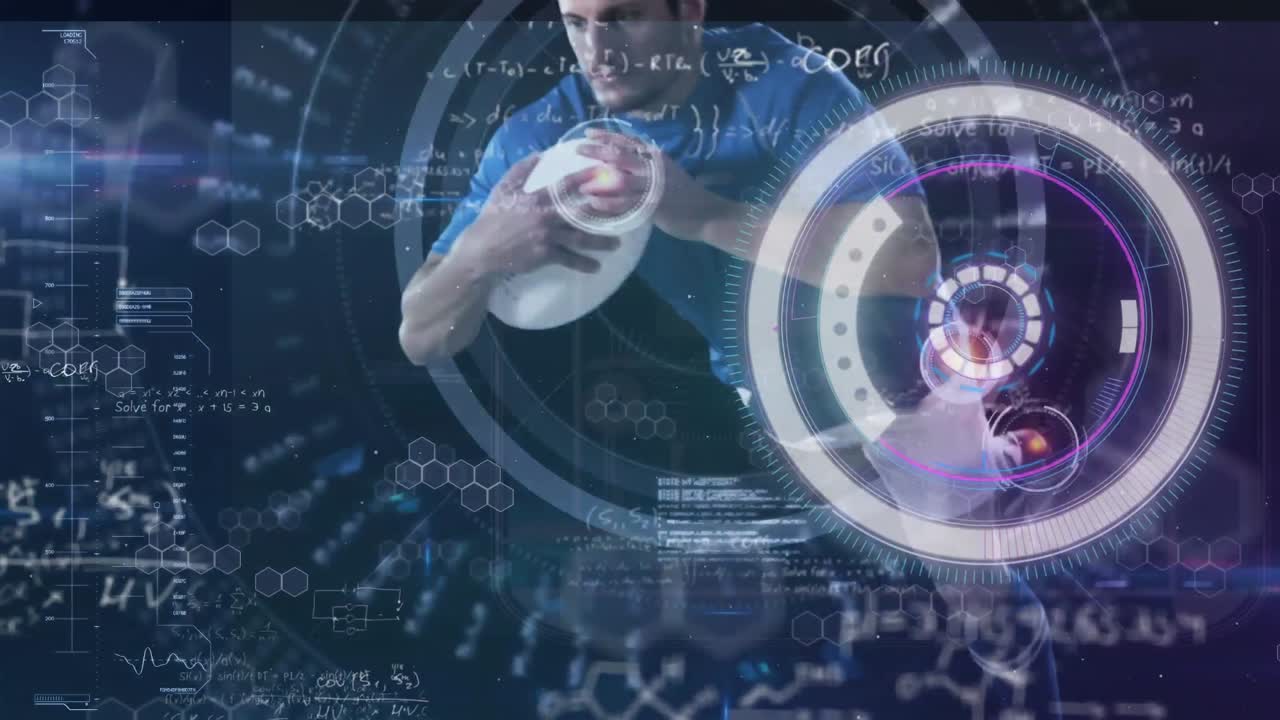 공을 들고 달리는 백인 남성 럭비 선수에 대한 데이터 처리 애니메이션