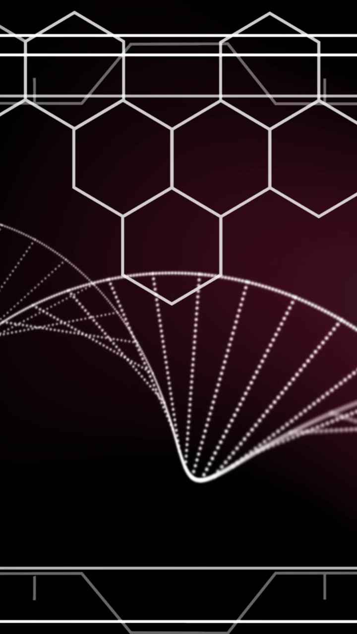 Animação Digital de Formas Hexagonais se Formando Contra Estrutura de DNA Girando em Fundo Roxo
