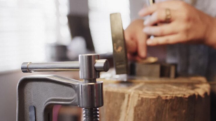 Caucasian female worker shaping jewellery in studio in slow motion