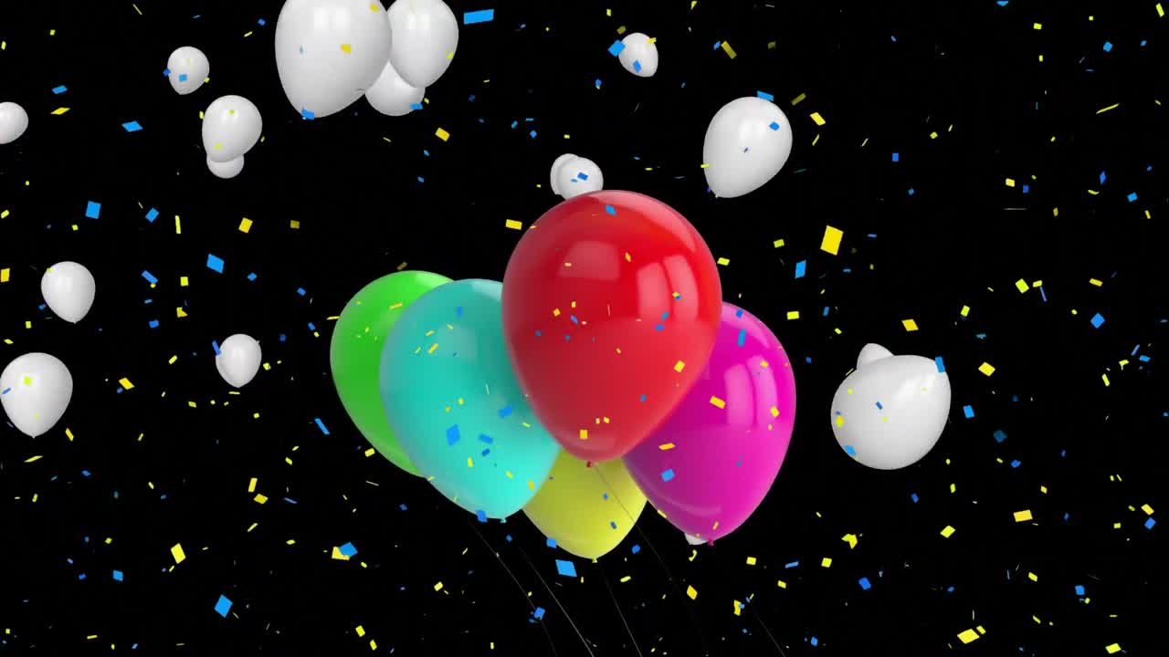 animación de globos coloridos volando y confeti cayendo sobre un fondo negro
