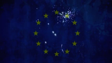 Fuegos-Artificiales-En-El-Cielo-Con-La-Bandera-De-La-Ue