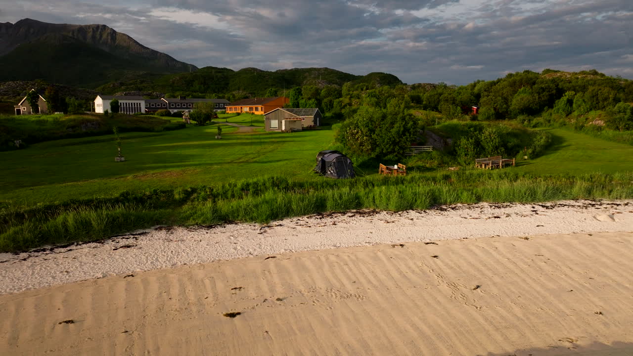 Adventure Senja In Skrollsvika Camping Site In Senja Island, Northern Norway. Aerial Rotate Shot