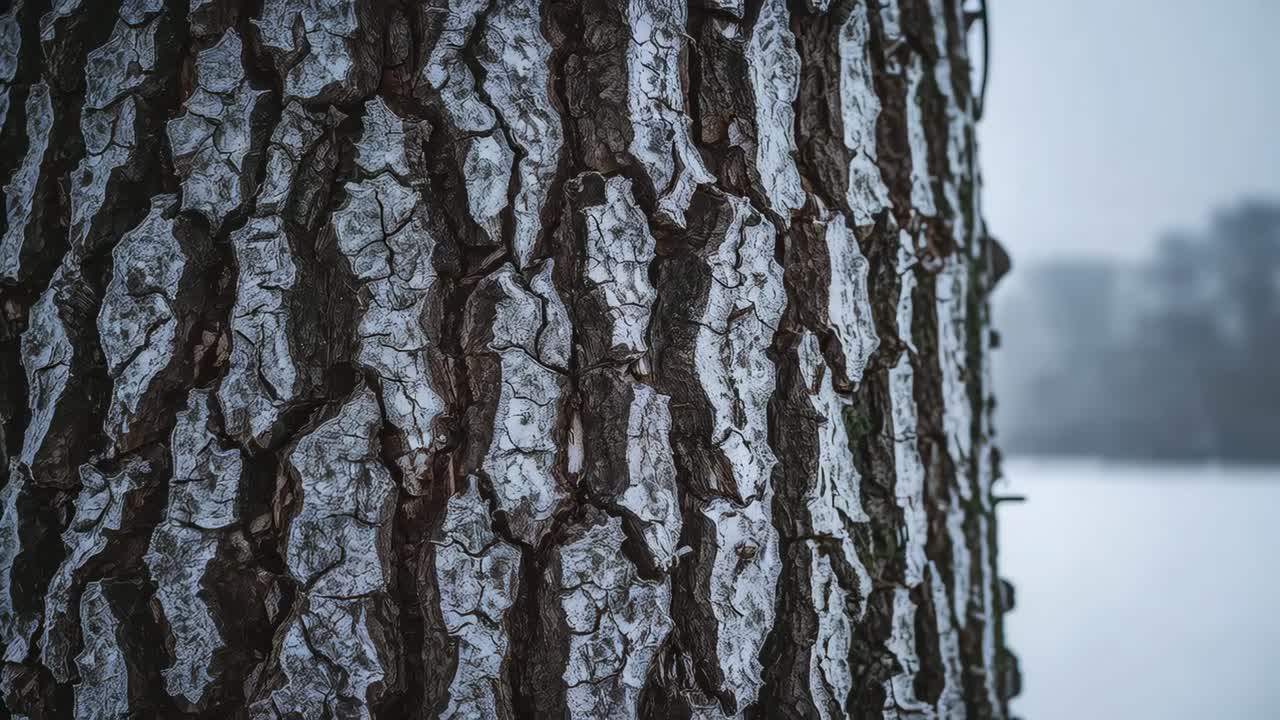 Panning camera moving slowly across close-up tree trunk at snowy plain, revealing lichen deposits