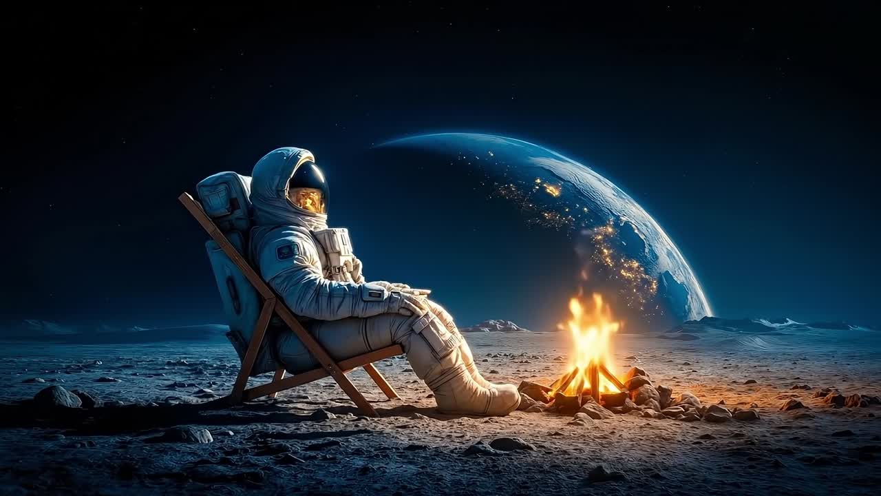 An astronaut sitting in a chair next to a campfire on the moon