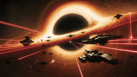 spaceships engaging in a space battle near a black hole