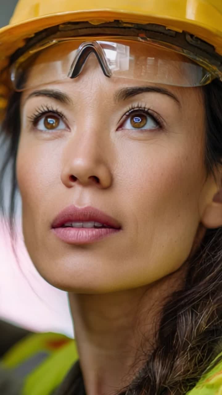 Focused Construction Worker: A Professional Woman in Safety Gear Looks Up with Determination, Showcasing Strength and Commitment to Her Craft