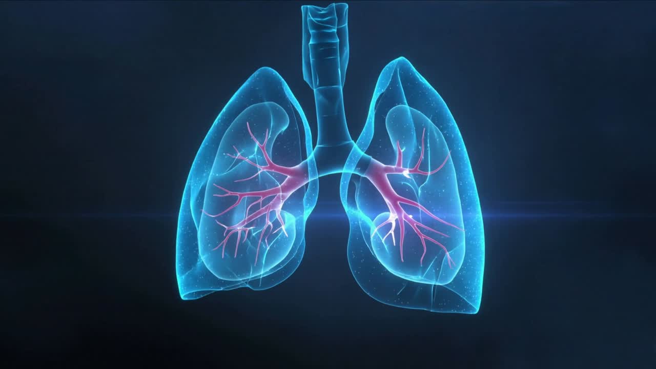Riflesso dell'obiettivo scintillante che illumina un modello 3D di polmone in rotazione su uno sfondo sfumato scuro, evidenziando i bronchi rosa.
