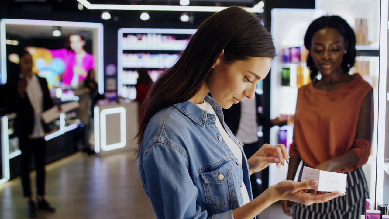 Women browsing and examining products in a modern beauty store