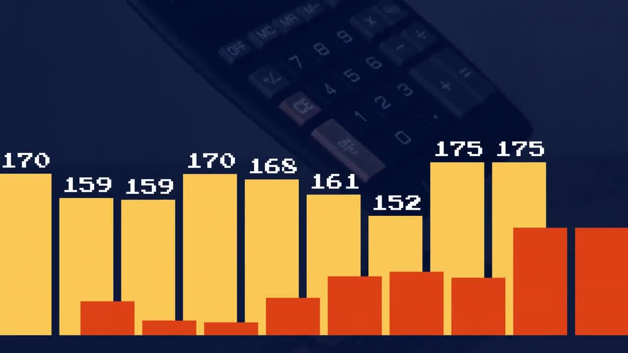 Animazione di elaborazione dati finanziari e statistiche su una calcolatrice