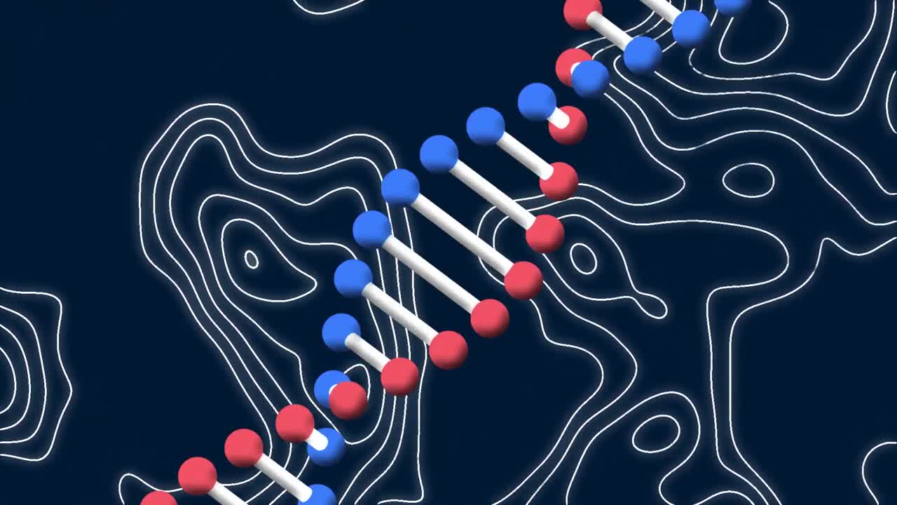 анимация вращающейся нити днк над движущимися белыми линиями