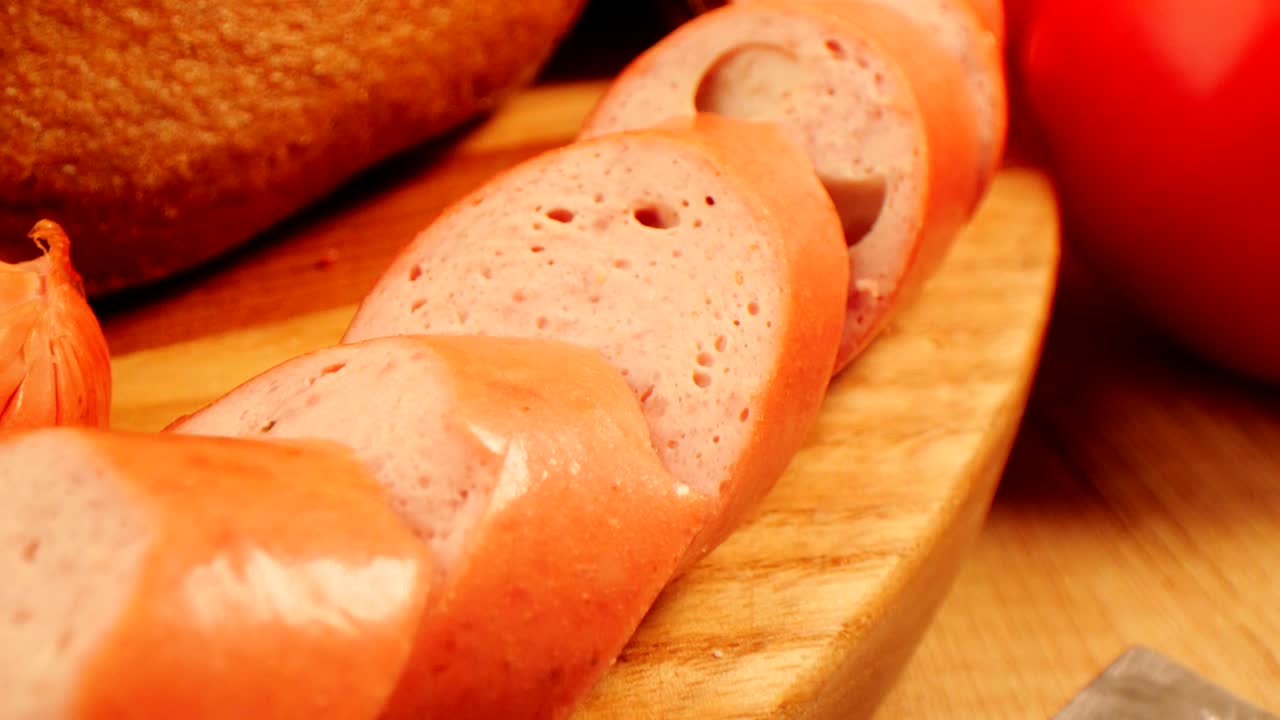 rebanadas de sabrosas salchichas cerca del pan de centeno en una mesa de madera
