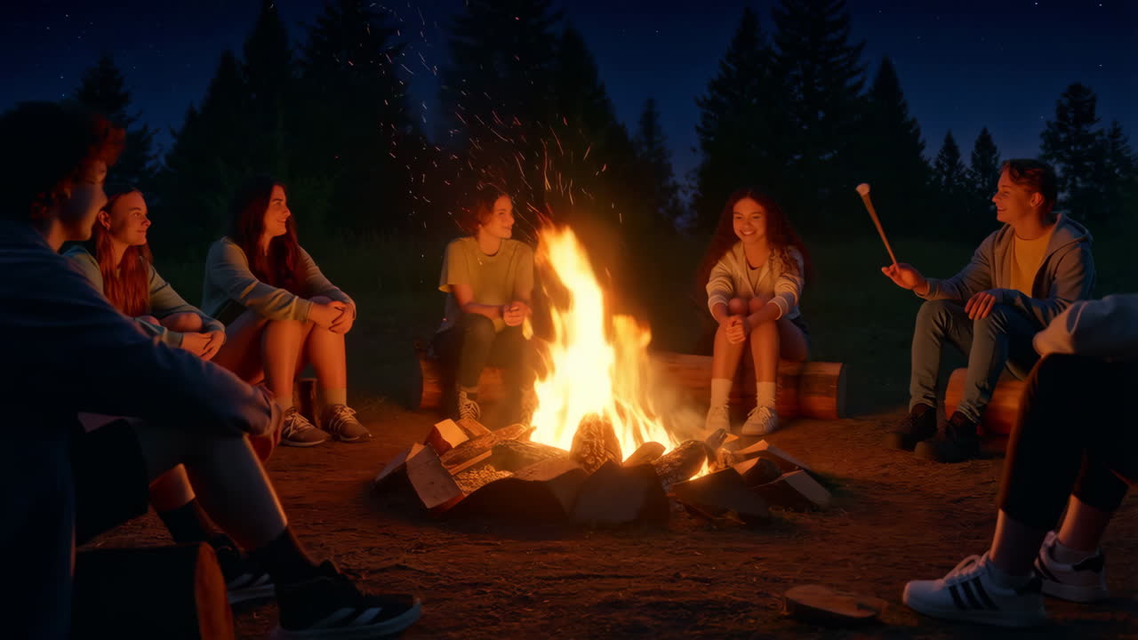 Friends Roasting Marshmallows Around a Campfire at Night
