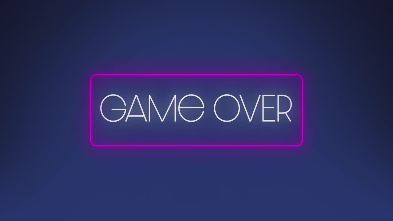 Animation of game over text over neon banner against blue background