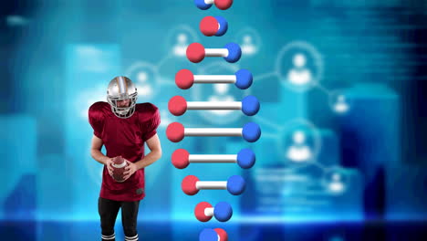animación de una cadena de adn sobre un jugador de fútbol americano masculino sosteniendo la pelota