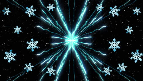 animación de copos de nieve navideños y fuegos artificiales cayendo sobre un fondo negro