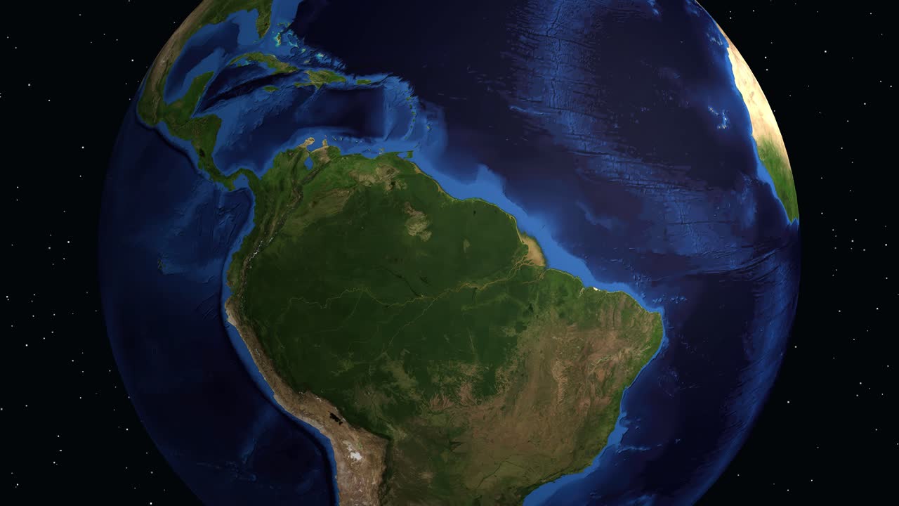 Animação digital da Terra faz zoom do espaço para a América do Sul, destacando Santo Domingo com informações demográficas