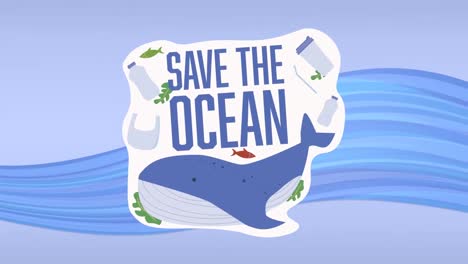 animation of save the ocean, whale and rubbish on blue background