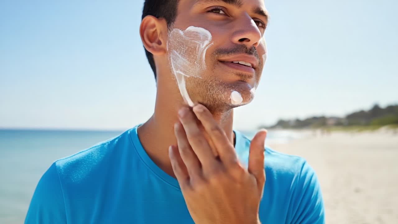 A young man happily applying sunscreen on his face at the beach, showcasing the importance of sun protection and skin care while enjoying a sunny day by the coast