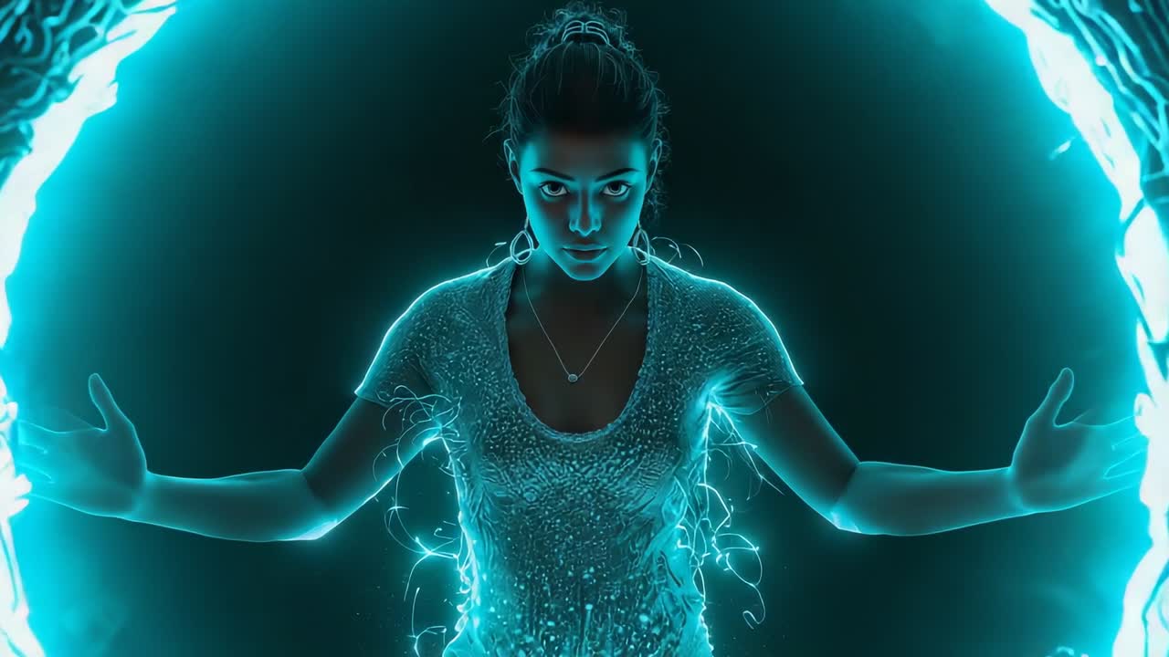Mulher adulta emergindo através de um portal brilhante no vazio enquanto energia azul-petróleo se acumula ao redor do vestido