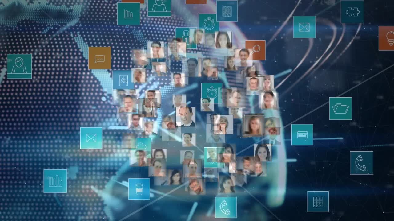 animación de fotos de diversos hombres y mujeres empresarios que rotan por el globo y iconos